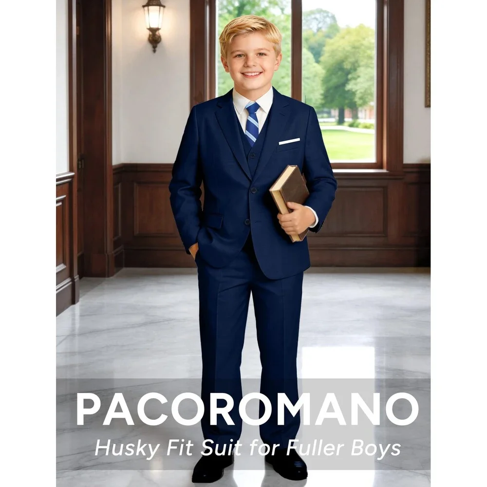 PACOROMANO Boys' Navy Boy Suit Husky 7 Pcs Suspenders Formal Set Ring Bearer 12